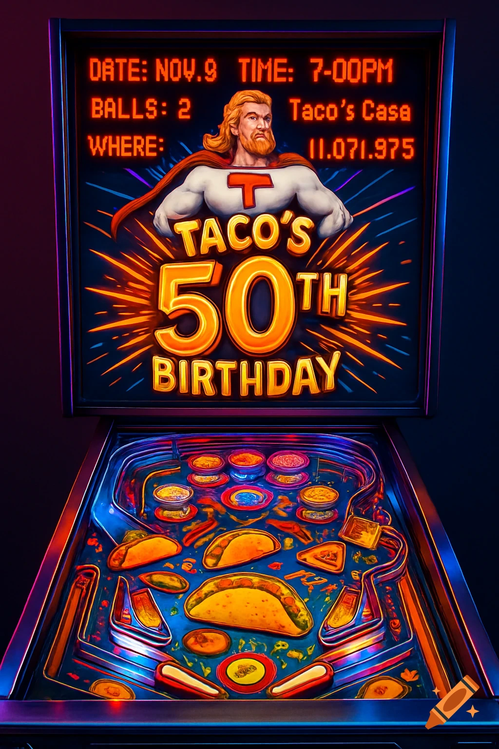 A vibrant 1980s-style pinball machine with a taco theme. The back box features a blonde superhero and the text "Taco's 50th Birthday" with an exploding gold "50th". The playfield is covered in taco illustrations, retro bumpers, and ramps.