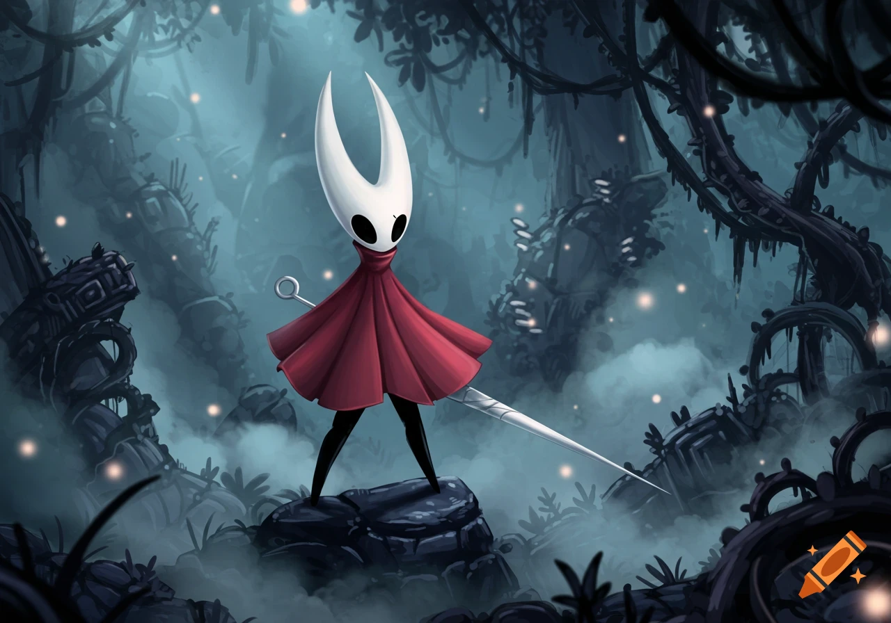 Hornet from Hollow Knight stands on a rock in a mystical, foggy forest with glowing spores, holding a needle weapon.