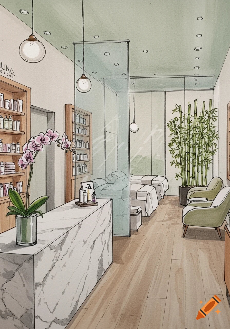 A detailed architectural sketch of a serene facial bar interior with a marble reception desk, product shelves, treatment beds, and bamboo plants.