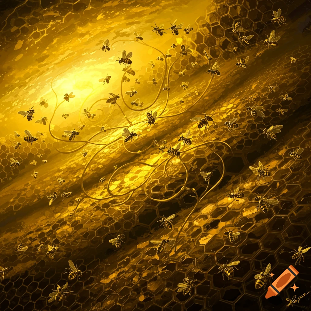 Many bees fly in a swirling, golden abstract environment with honeycomb patterns.