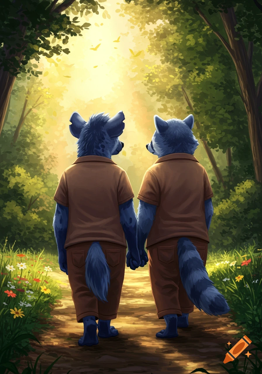Blue hyena and raccoon walk hand-in-hand down a sunlit forest path, seen from behind, digital art.