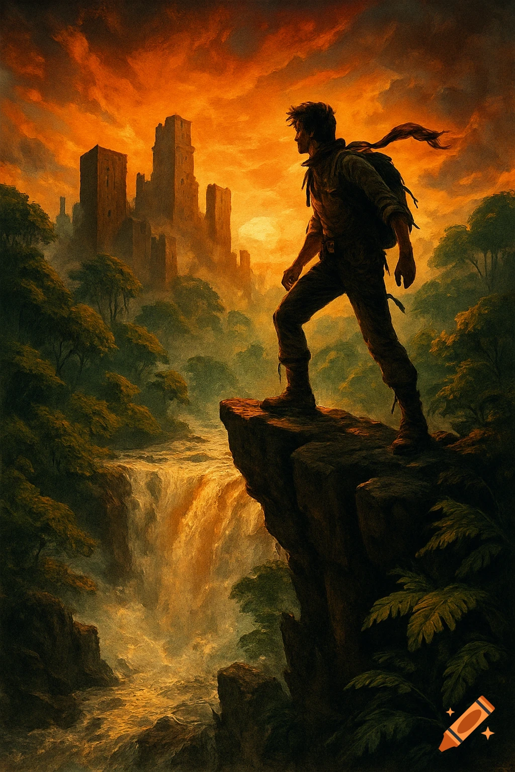 A man stands on a cliff overlooking a waterfall and ancient ruins under a dramatic orange sky in a painterly fantasy style.