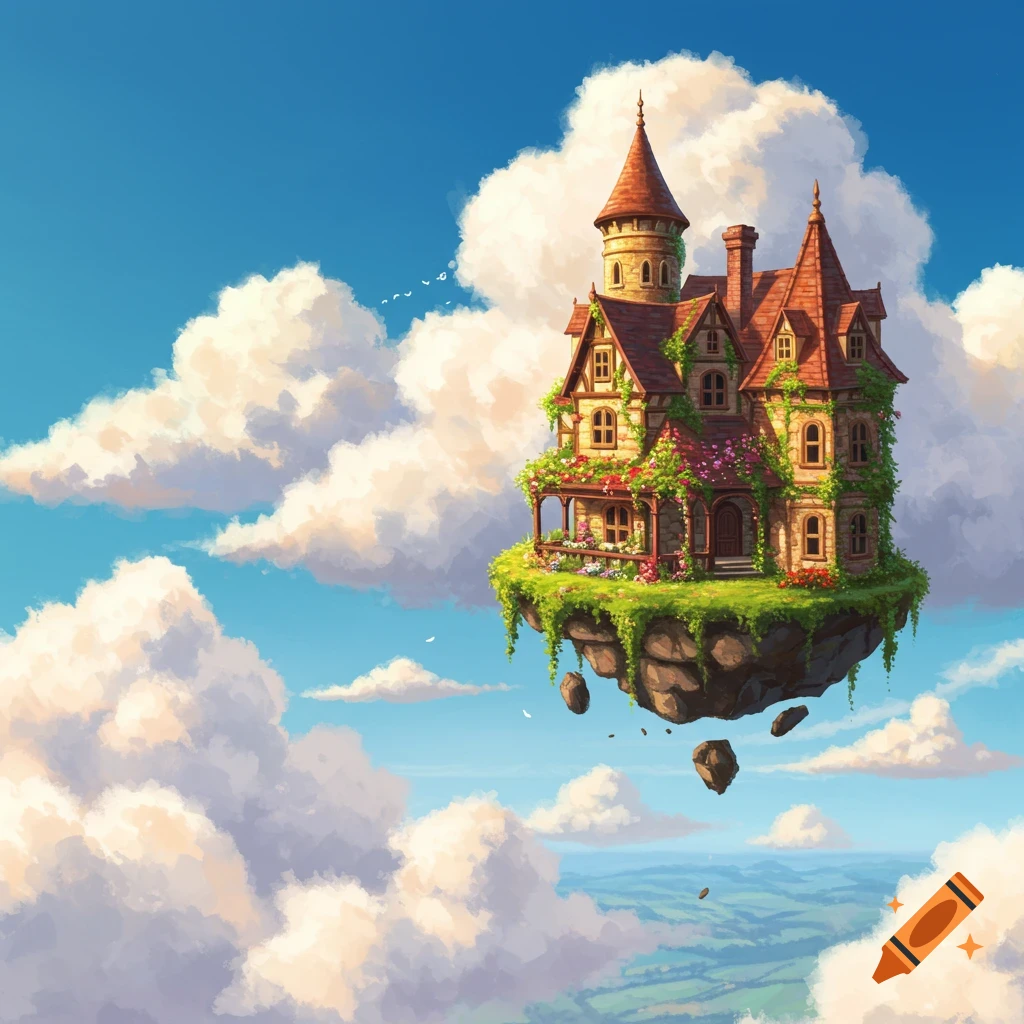 A whimsical house with red roofs and green vines sits on a small floating island amidst fluffy clouds, with a serene landscape below. Stylized illustration.
