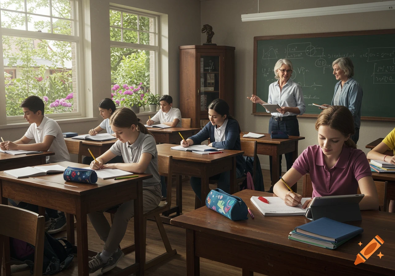 Diverse students diligently study at wooden desks in a bright classroom, with two teachers observing from the back.
