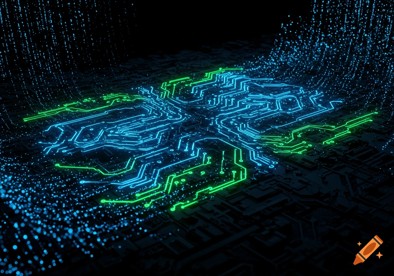 Glowing blue and green circuit board with digital data streams on a dark background, abstract technology art.