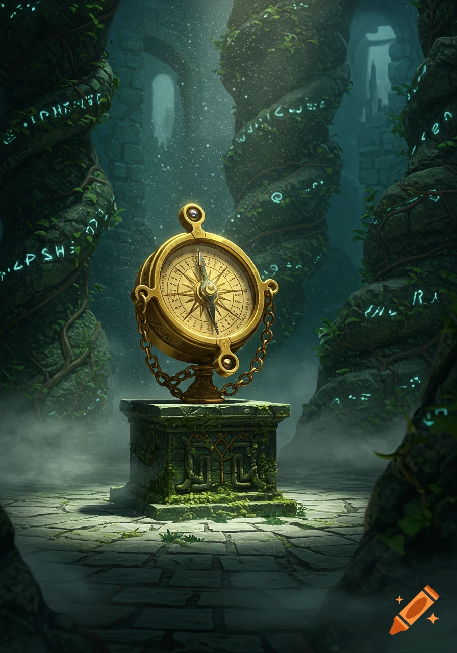 A golden, intricate compass on a mossy stone pedestal in an eerie, ancient labyrinth with glowing runes, lit by mystical light.