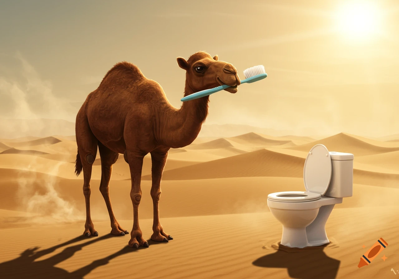 A photorealistic brown camel stands in a sunny desert, holding a light blue toothbrush in its mouth next to a white toilet.