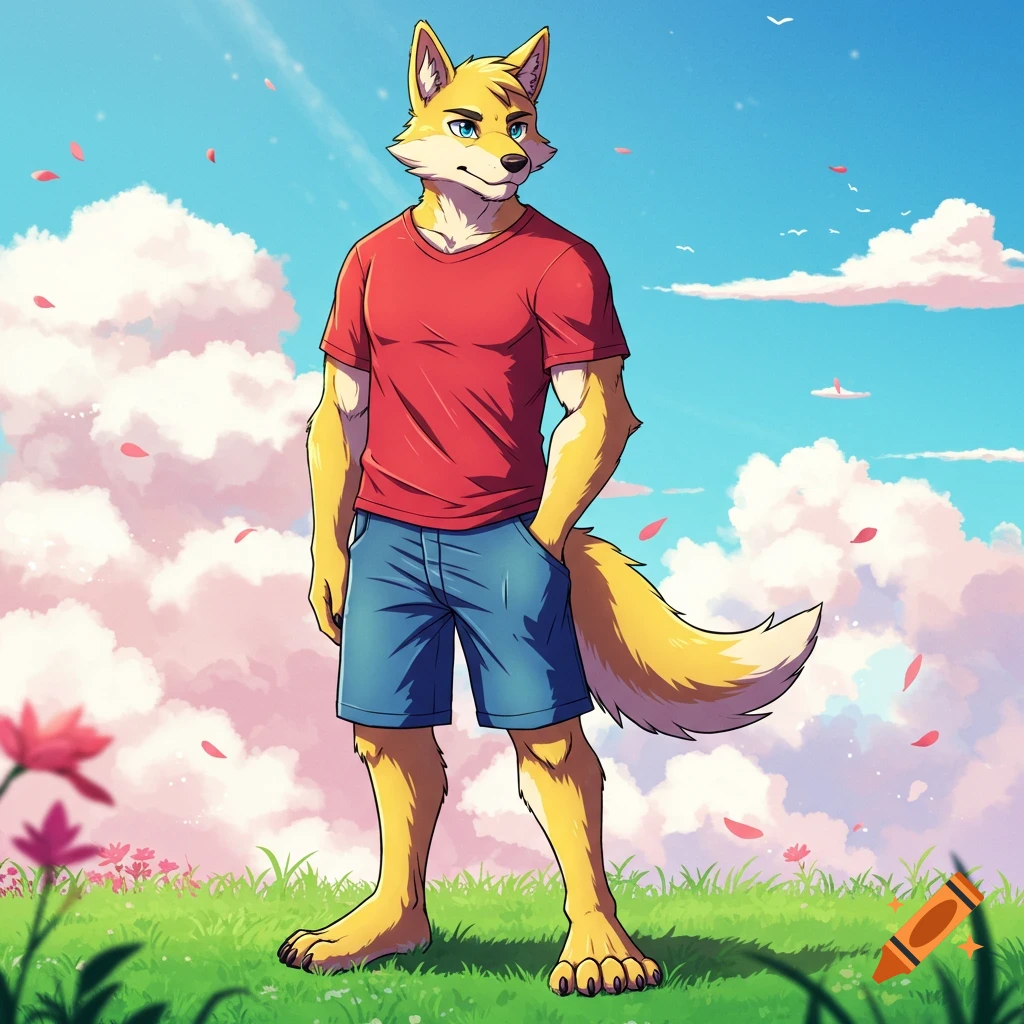 Anime-style gold-furred anthropomorphic wolf in a red t-shirt and blue shorts stands barefoot in a field with clouds and petals.