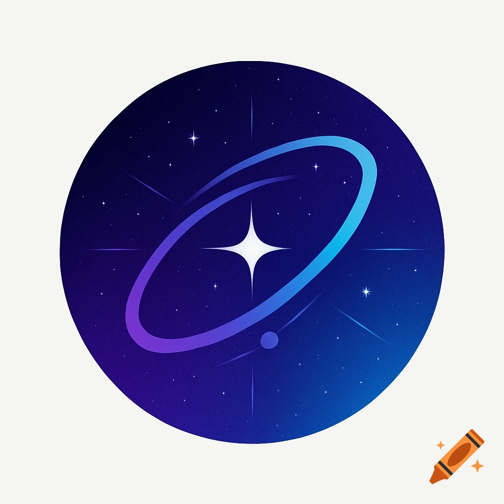 A circular logo featuring a stylized starry deep blue and purple space scene with a bright star and an orbiting gradient ring.