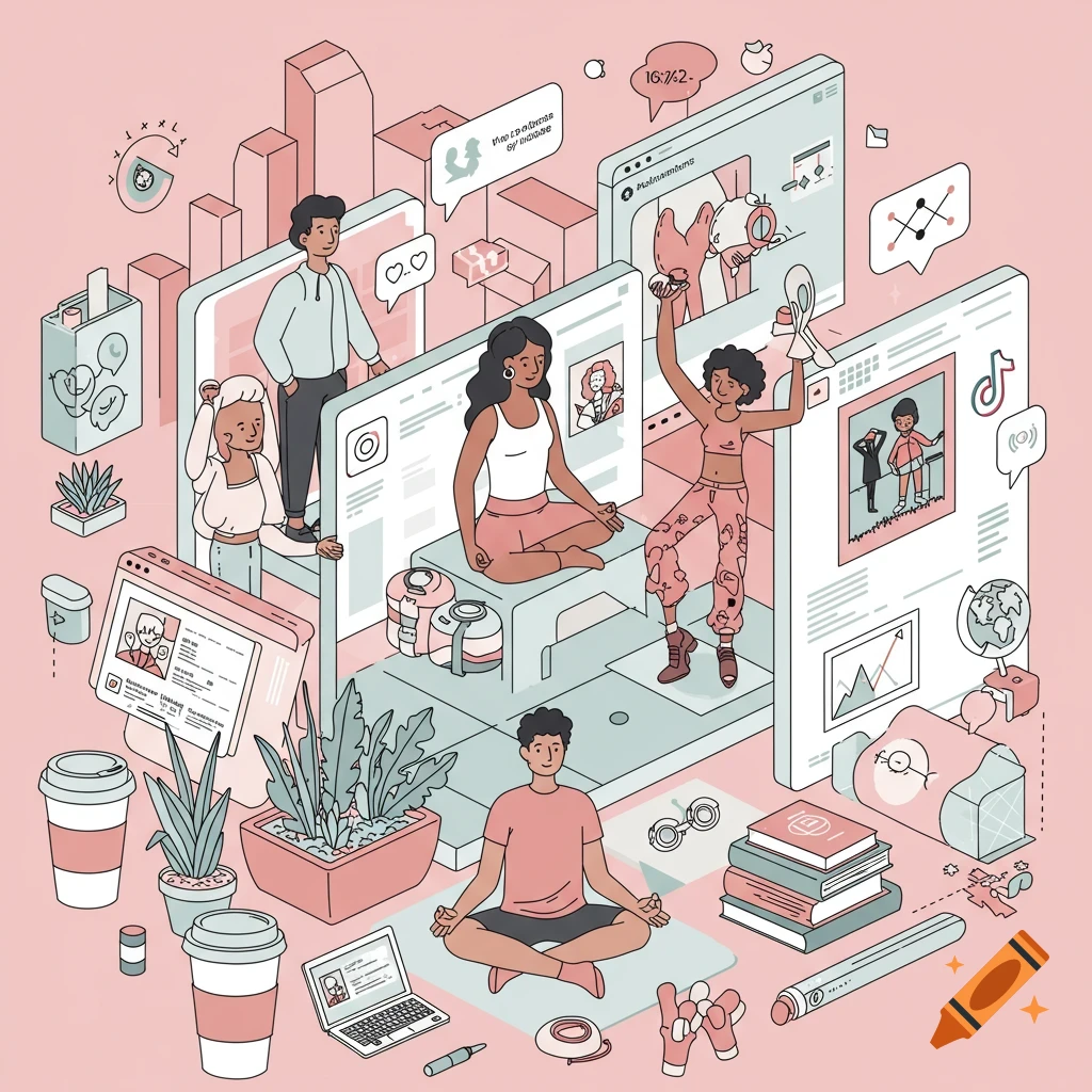 An isometric illustration showing diverse people interacting with various digital interfaces representing social media, wellness, and self-care, surrounded by plants and everyday objects, all on a pink background.