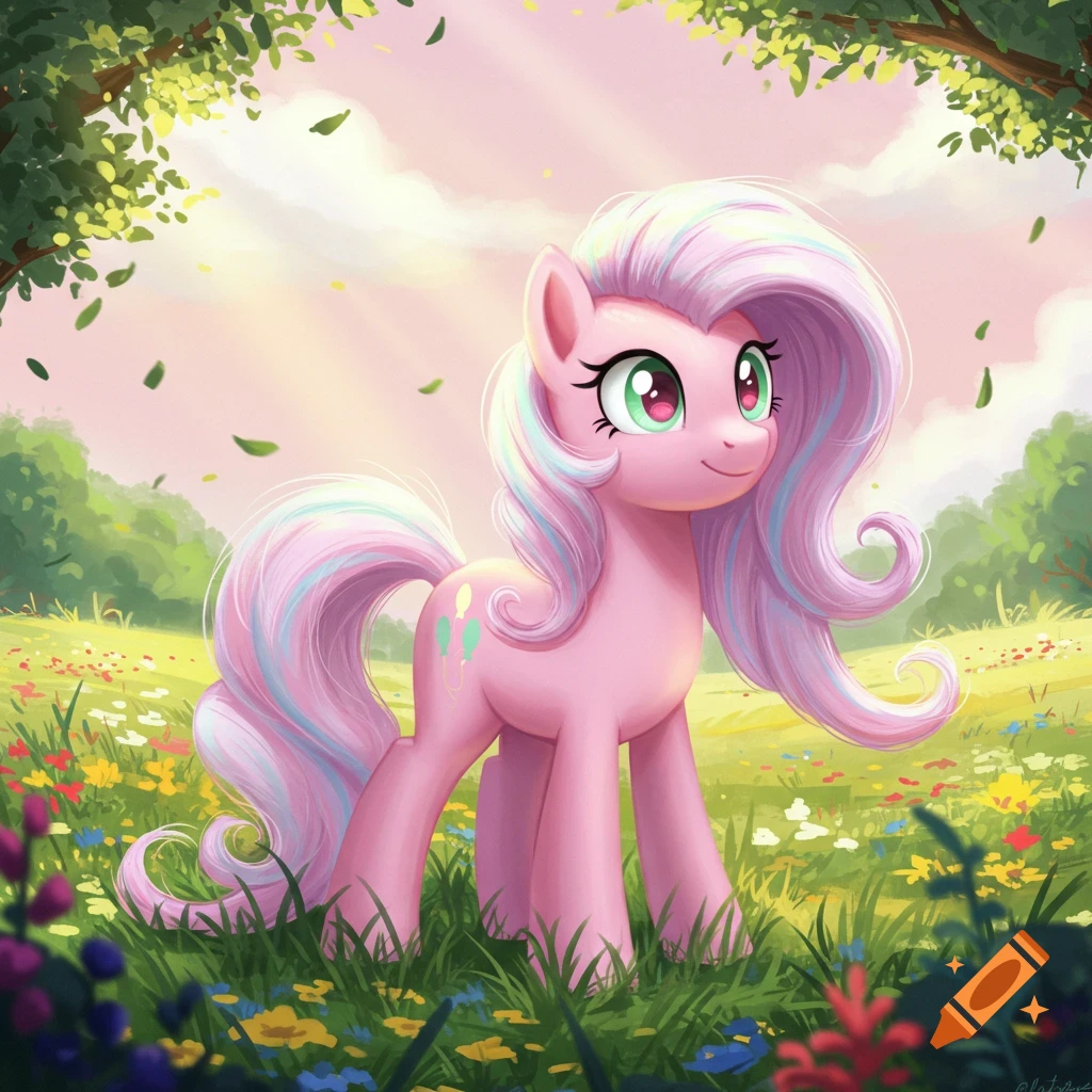 A pink pony with a pastel mane and tail stands smiling in a vibrant wildflower field under a sunny sky.
