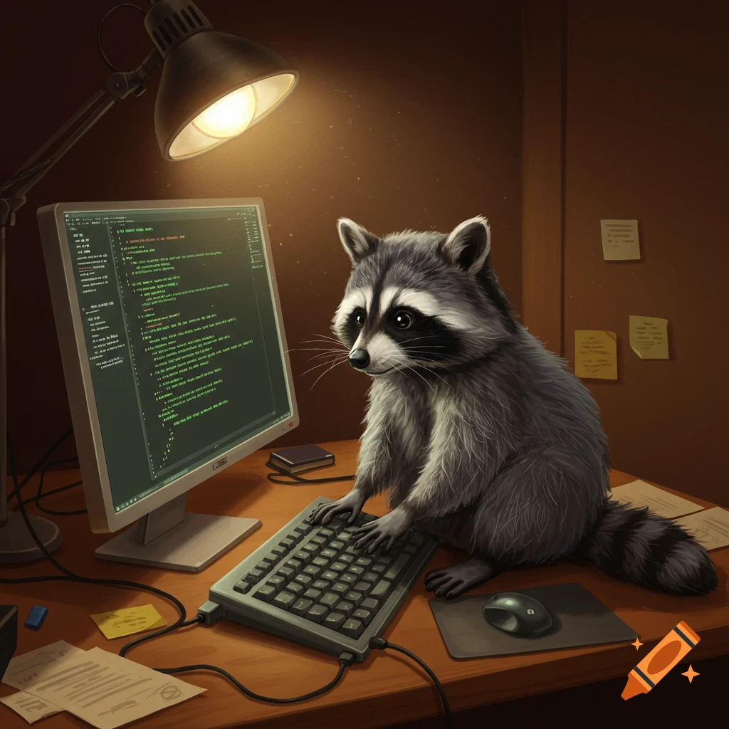 A raccoon sits at a computer desk, typing on a keyboard, illuminated by a desk lamp.