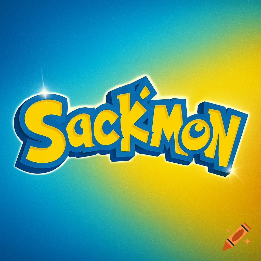 The word 'Sackmon' in the style of the Pokemon logo, featuring blue and yellow text on a gradient background.