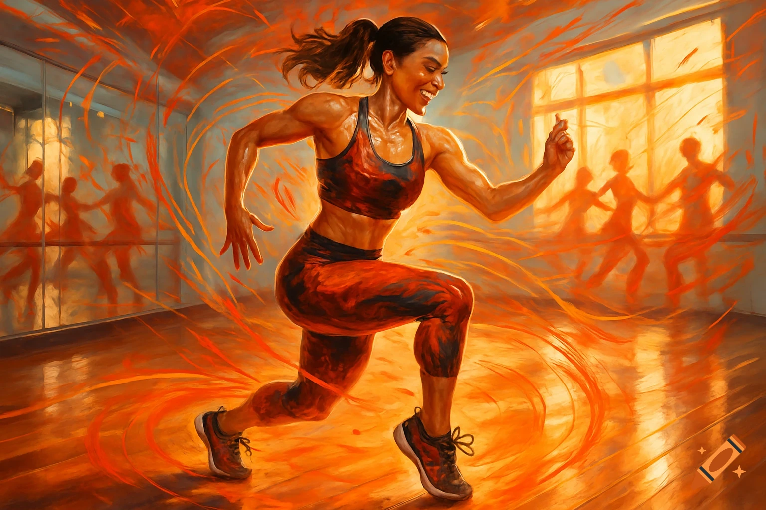 Energetic painting of a fit woman in athletic wear running indoors, surrounded by orange and red fiery streaks.