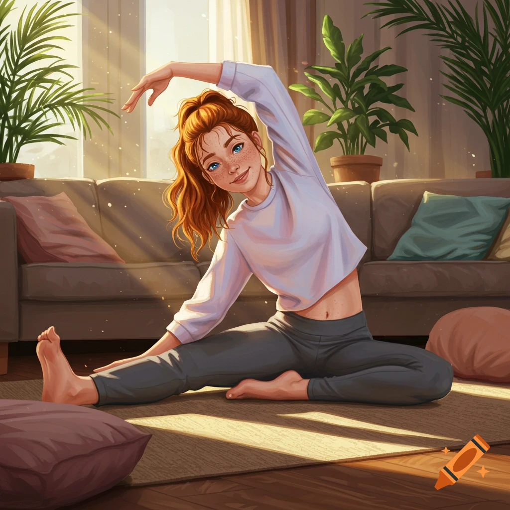 Digital art of a smiling redhead woman with freckles doing a gentle yoga stretch in a cozy living room.