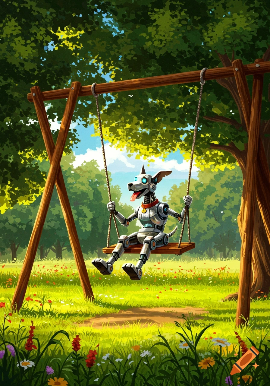 A cheerful robot dog swings on a wooden swing set in a vibrant, lush green park with trees and wildflowers, in a cartoon style.