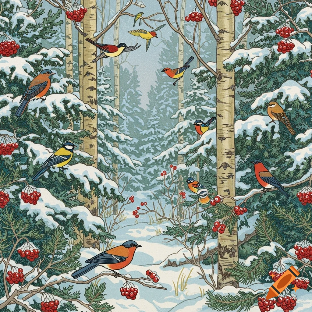 Stylized illustration of a winter forest with snow-covered trees, red berries, and colorful birds perching on branches.