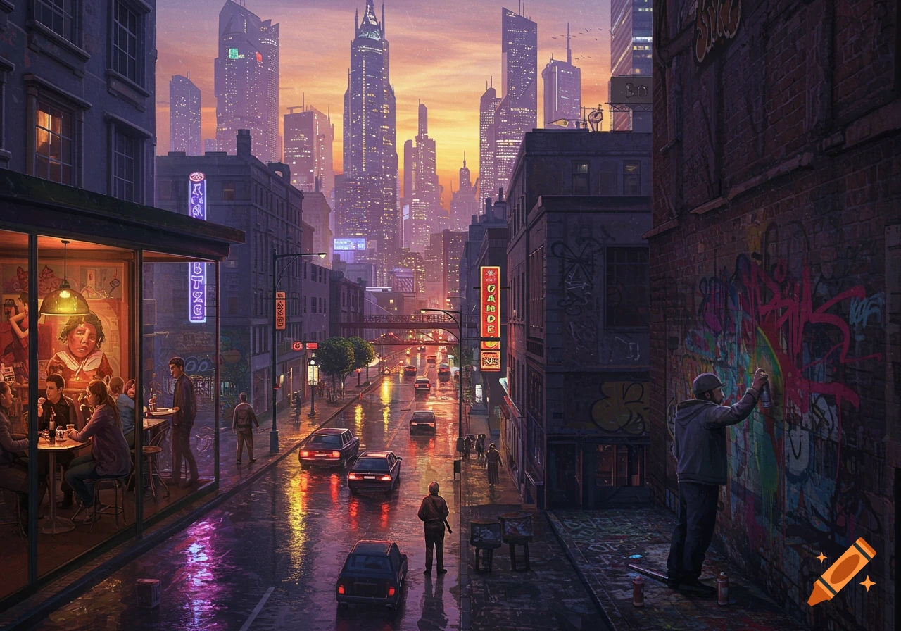 A futuristic city street at dusk, with glowing neon signs, wet asphalt reflecting lights, and a person spray-painting graffiti on a brick wall.
