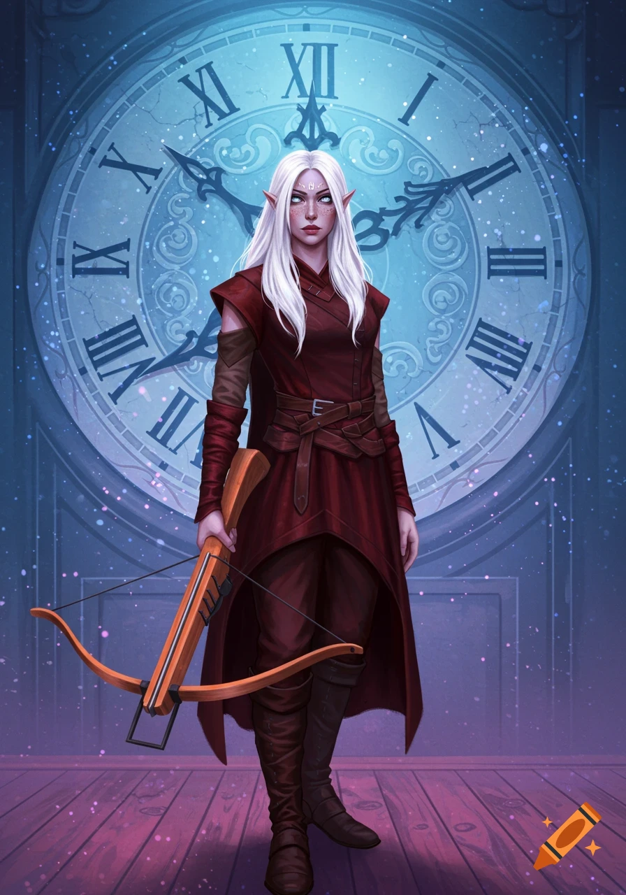 A white-haired fantasy elf woman in a red tunic stands with a crossbow in front of a giant blue clock face.