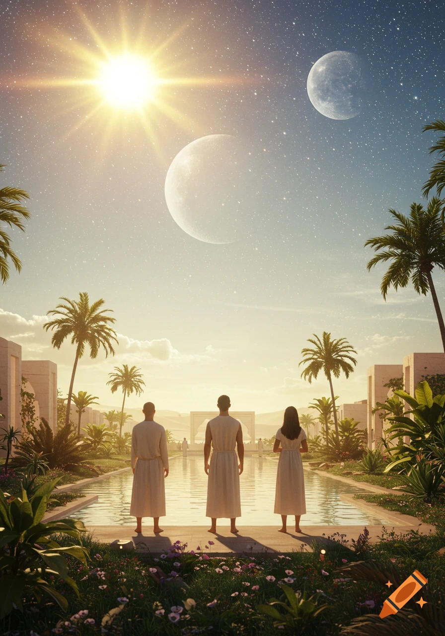 Three robed figures stand by a reflective pool, looking up at a bright sun, two moons, and a starry sky in a futuristic oasis.