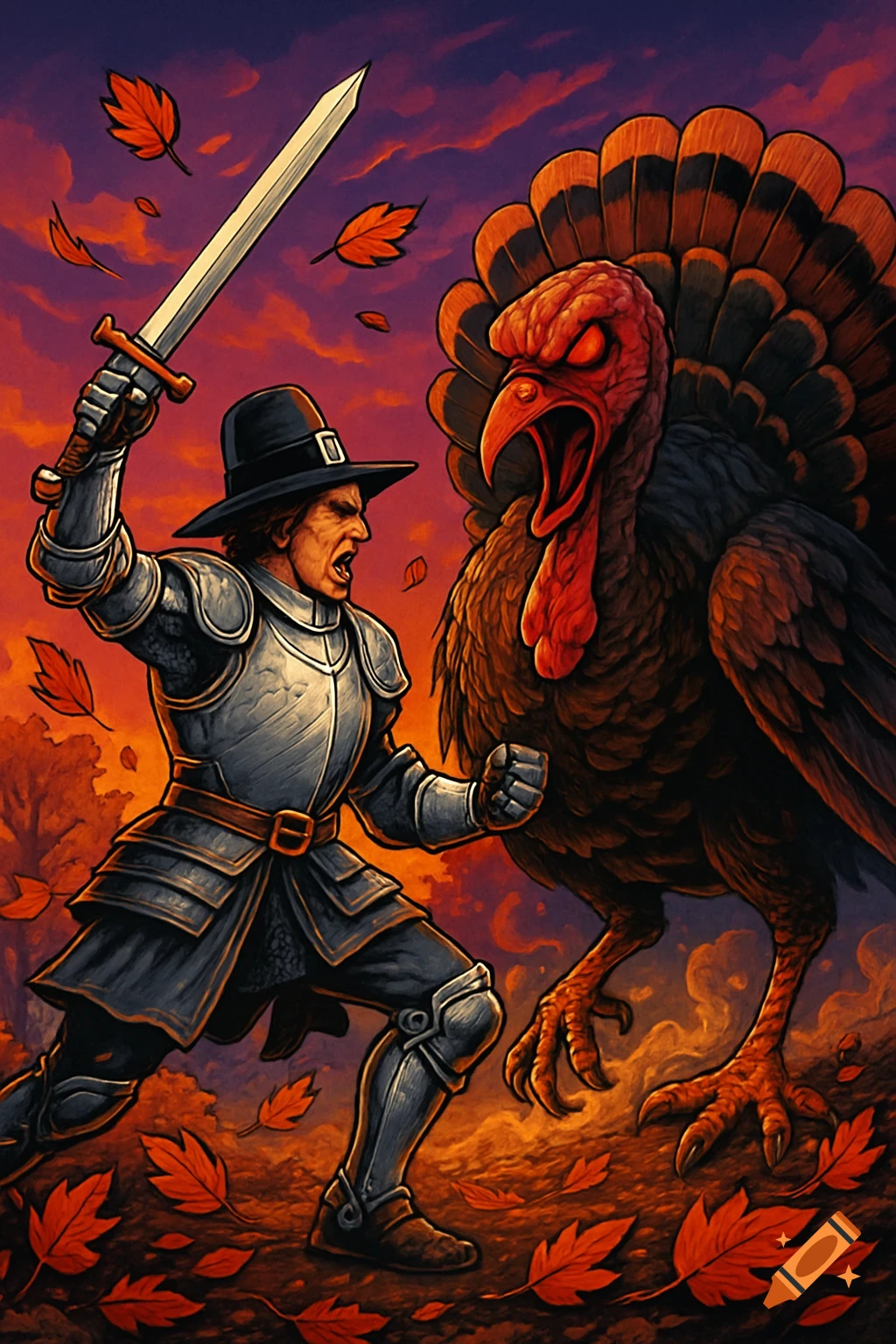An armored pilgrim with a sword battles a giant, snarling demonic turkey in a vibrant, stylized autumn scene with falling leaves.