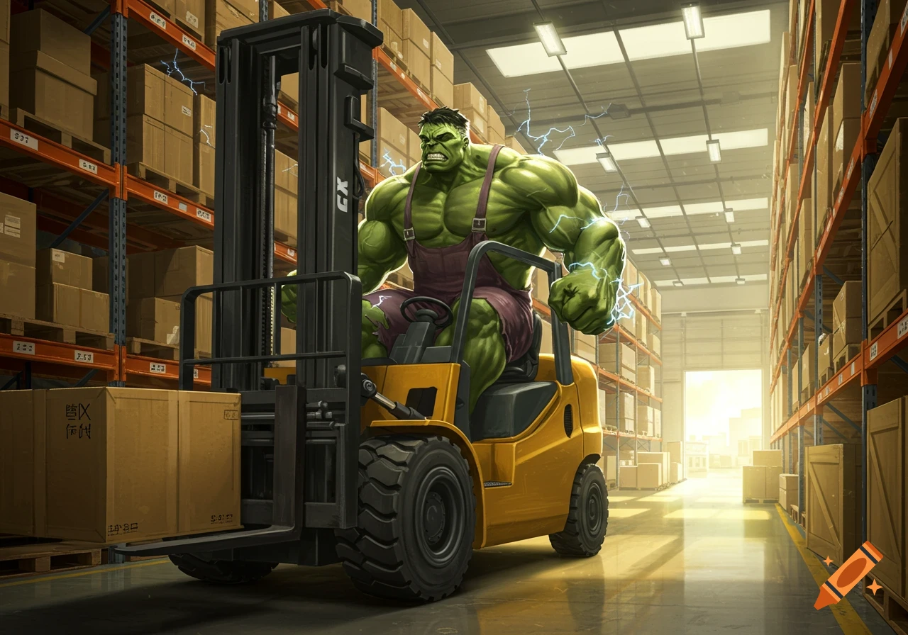 A muscular green Hulk-like character drives a yellow forklift with a box in a large warehouse, in a comic book art style.