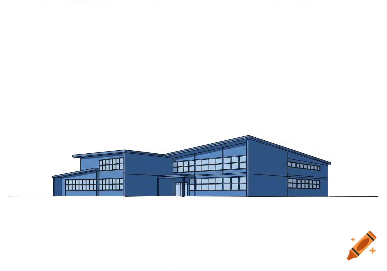 A minimalistic monocolor illustration of a blue school building with many windows, on a white background.