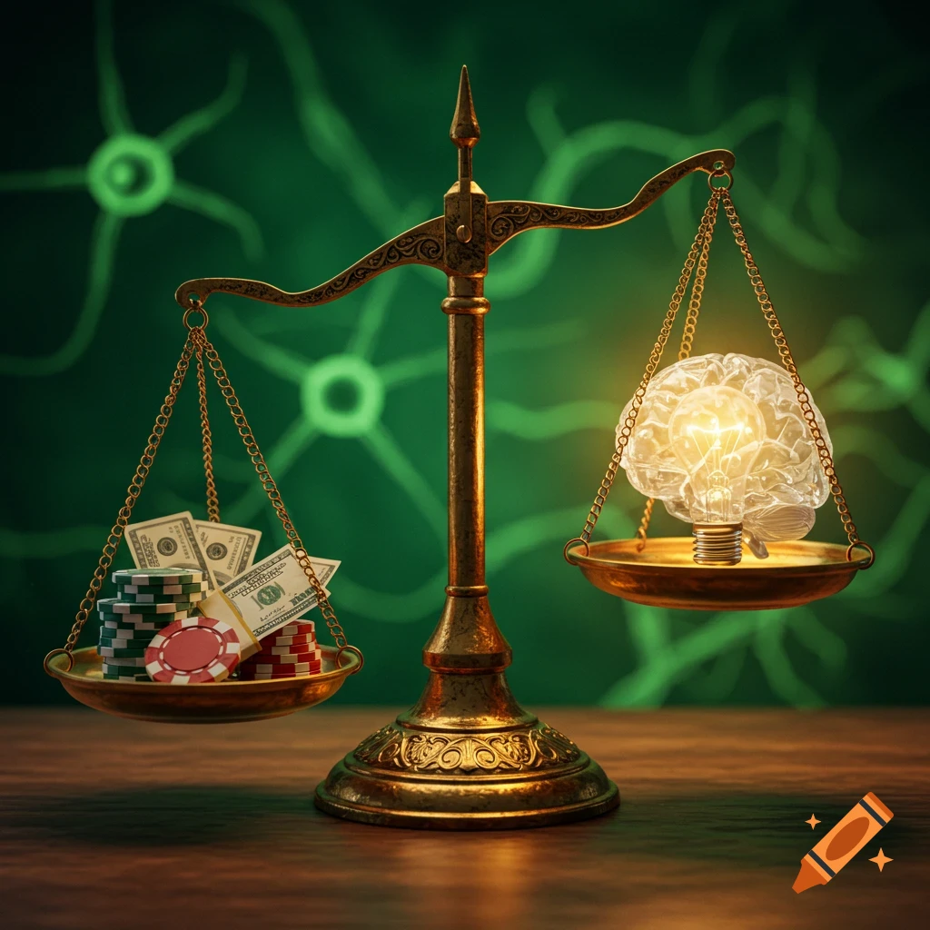 A stylized brass balance scale. On the left pan are stacks of money and poker chips; on the right, a glowing lightbulb inside a brain. Green neuron background.