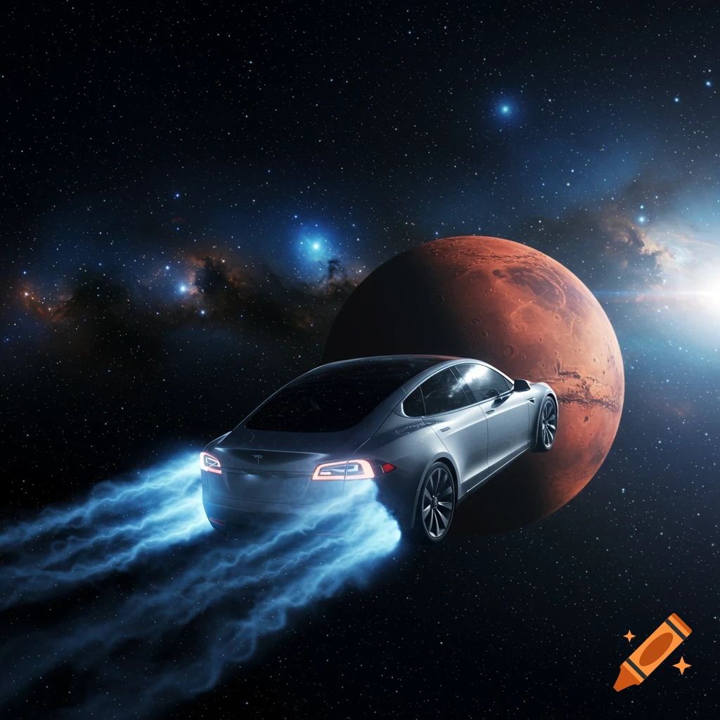 A silver Tesla car, emitting blue exhaust, flying through starry outer space towards a red planet Mars.