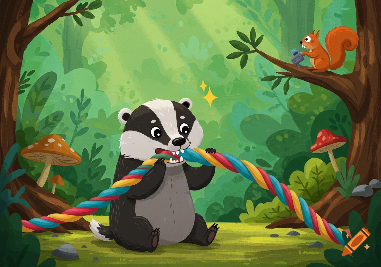 A cartoon badger bites a colorful braided cable in a lush green forest while a squirrel watches from a tree.