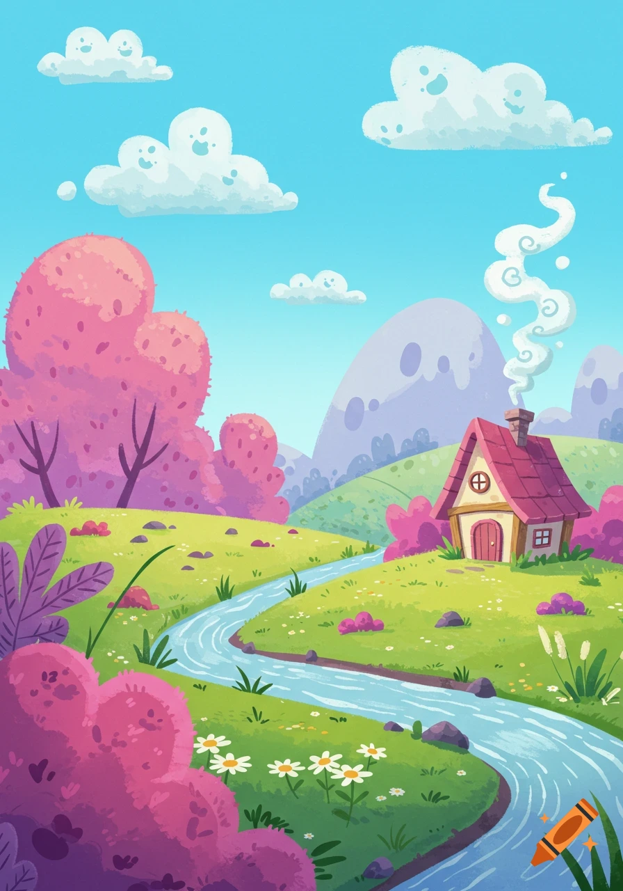 A vibrant cartoon landscape with pink trees, a winding stream, a small house with smoke, and smiling clouds in a blue sky.