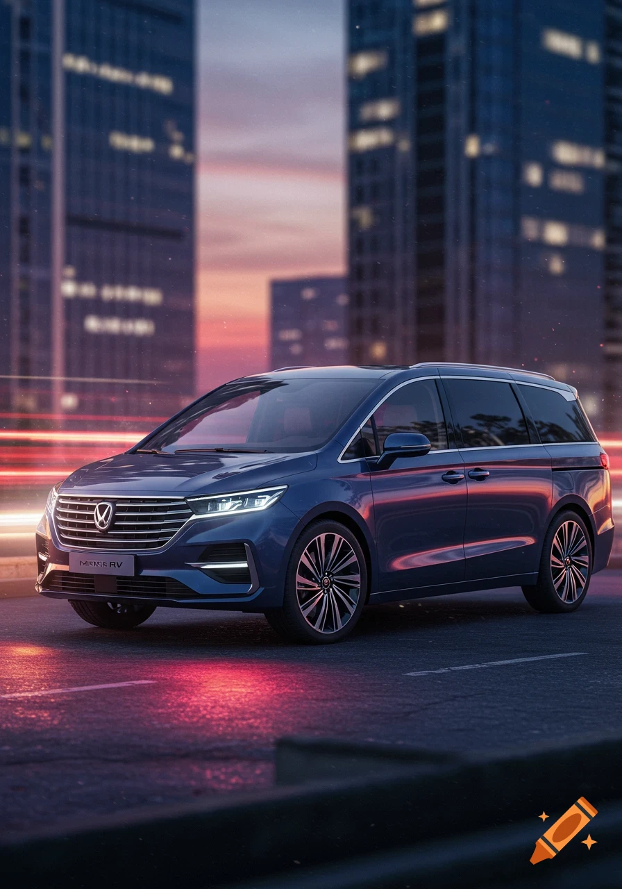 A blue minivan (MPV) drives on a wet city street at dusk, with blurred building lights and light trails in the background.