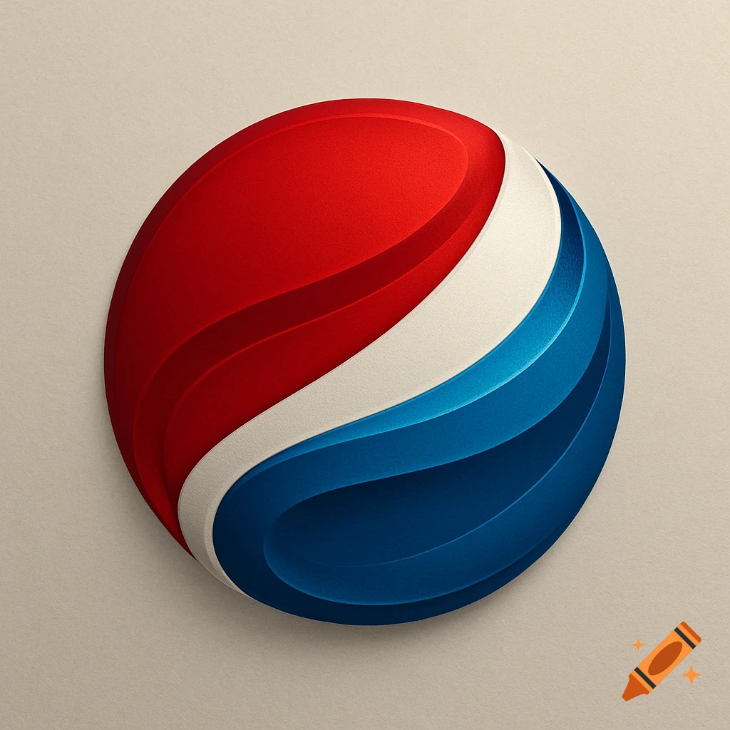 A 3D rendering of the Pepsi logo, featuring a sphere with red, white, and blue wavy stripes against a beige background.