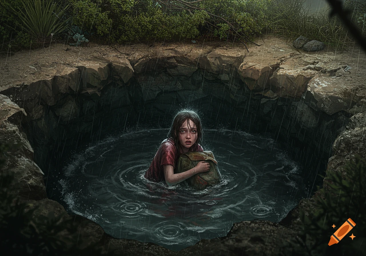 Scared girl with backpack trapped in a deep, dark, rocky hole filling with rainwater during a storm, digital art.