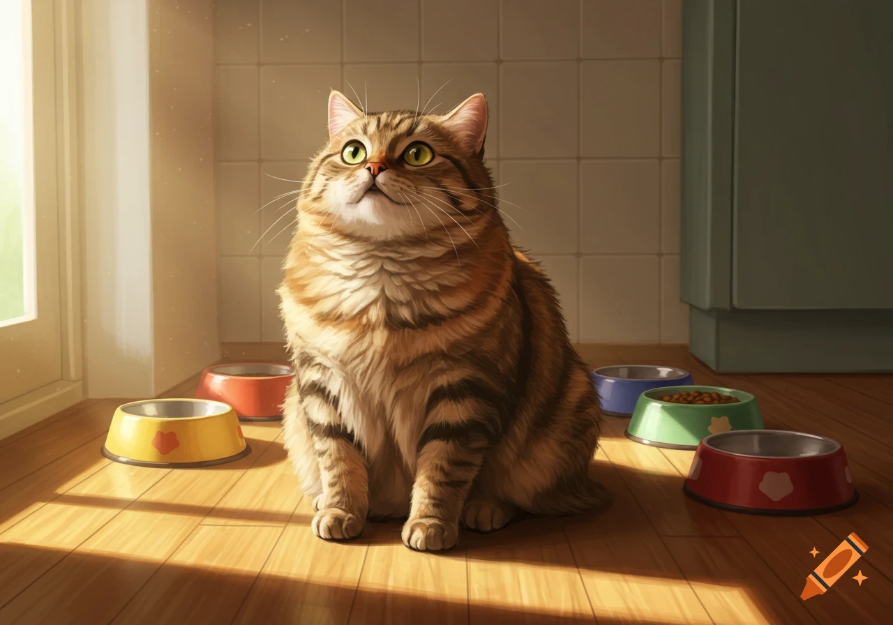 A fluffy brown tabby cat sits on a wooden floor surrounded by food bowls, looking up expectantly in an illustrative style.