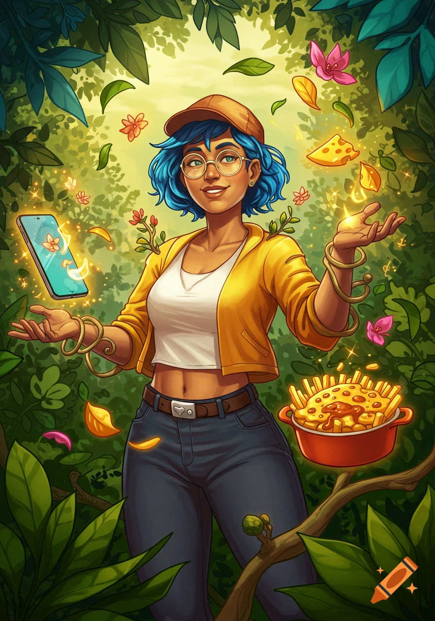 A vibrant illustration of a blue-haired woman in a forest, telekinetically lifting a smartphone, cheese, and a pot of cheesy fries.