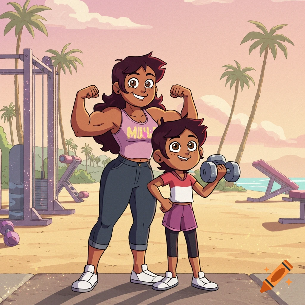 Luz's mom and Luz from The Owl House flex at Muscle Beach, mom showing off biceps, Luz lifting a dumbbell, in a vibrant cartoon style.
