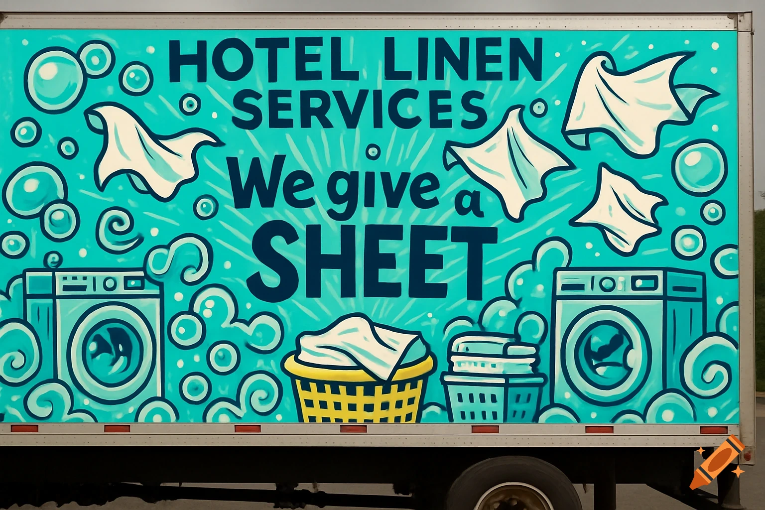 An aqua-themed, funky illustration of a truck decal for 'Hotel Linen Services' with laundry elements, bubbles, and the text 'We give a SHEET'.