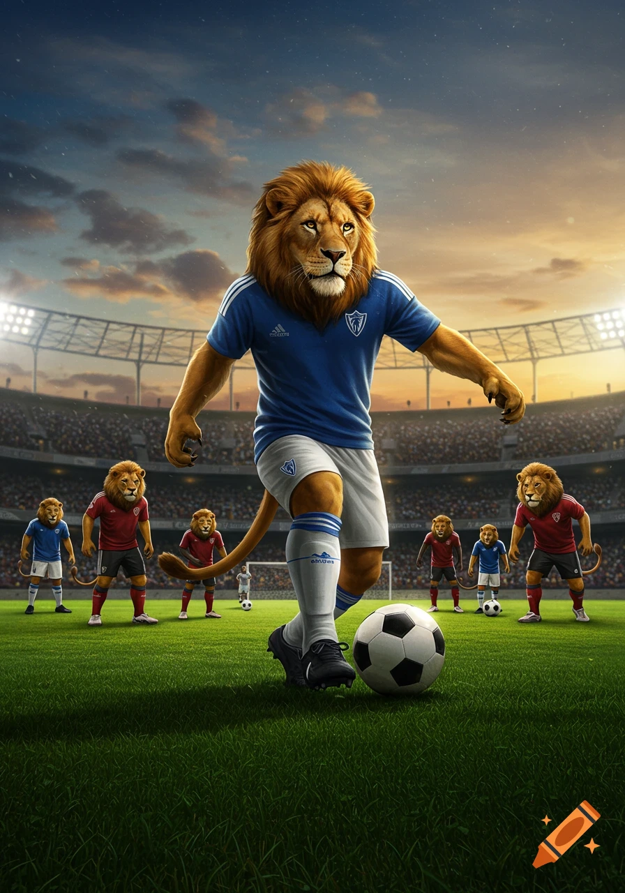A photorealistic lion in a blue and white soccer uniform dribbles a ball in a crowded stadium at sunset, with other lion players in the background.