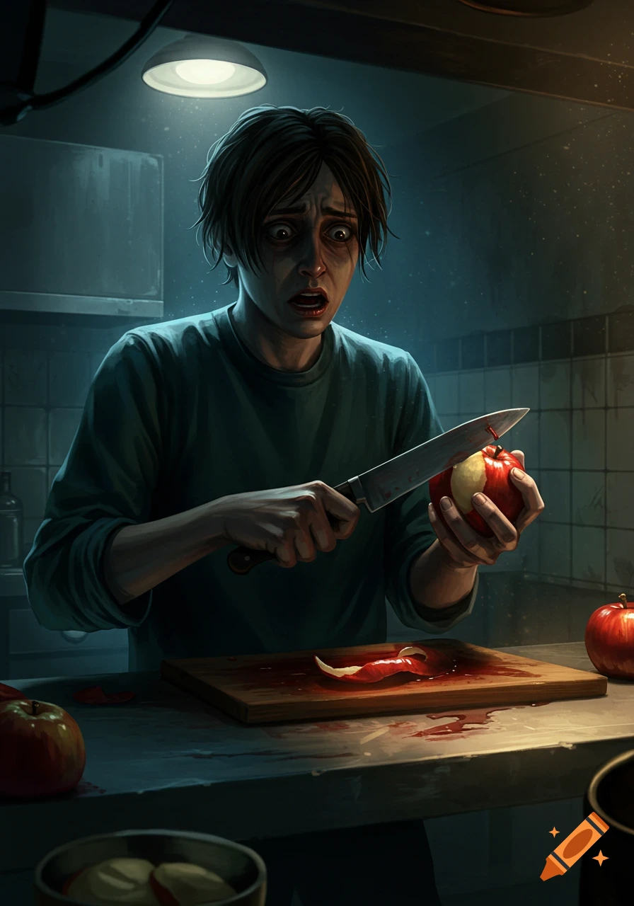 A person with a horrified expression in a dimly lit kitchen, holding a bloody knife and a partially peeled, bloody apple.