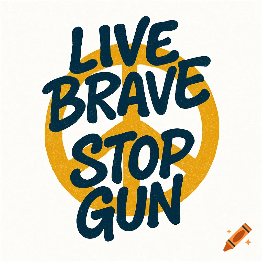 Blue brush-stroke text 'LIVE BRAVE STOP GUN' over a yellow peace symbol on a white background, with a distressed, trendy style.