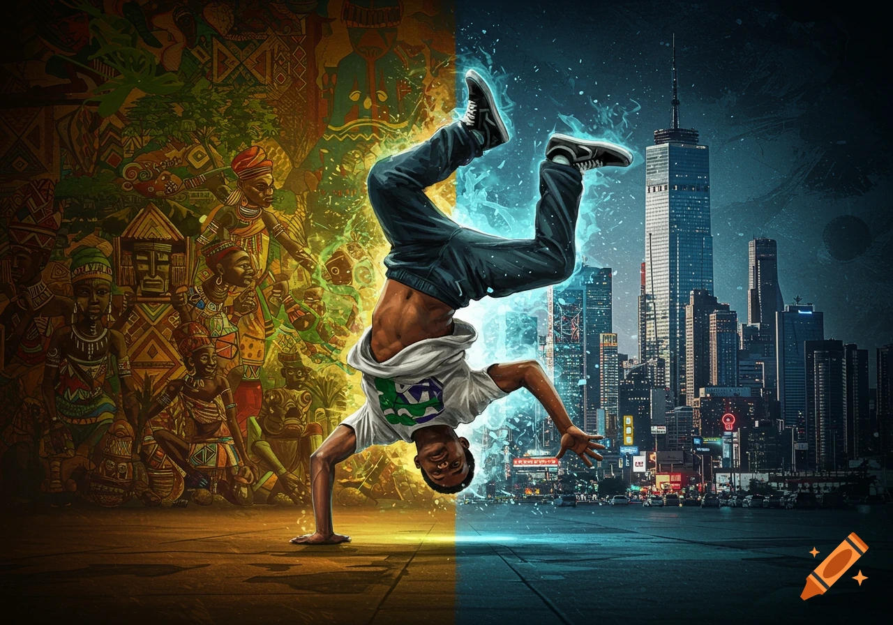 A bboy in a headstand on a split background, with traditional African art on the left and a modern city skyline at night on the right.