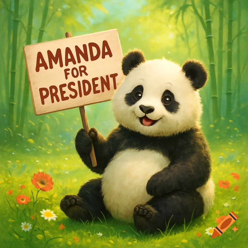 A cute cartoon panda sits in a grassy bamboo forest, holding a sign that reads 'AMANDA FOR PRESIDENT'.