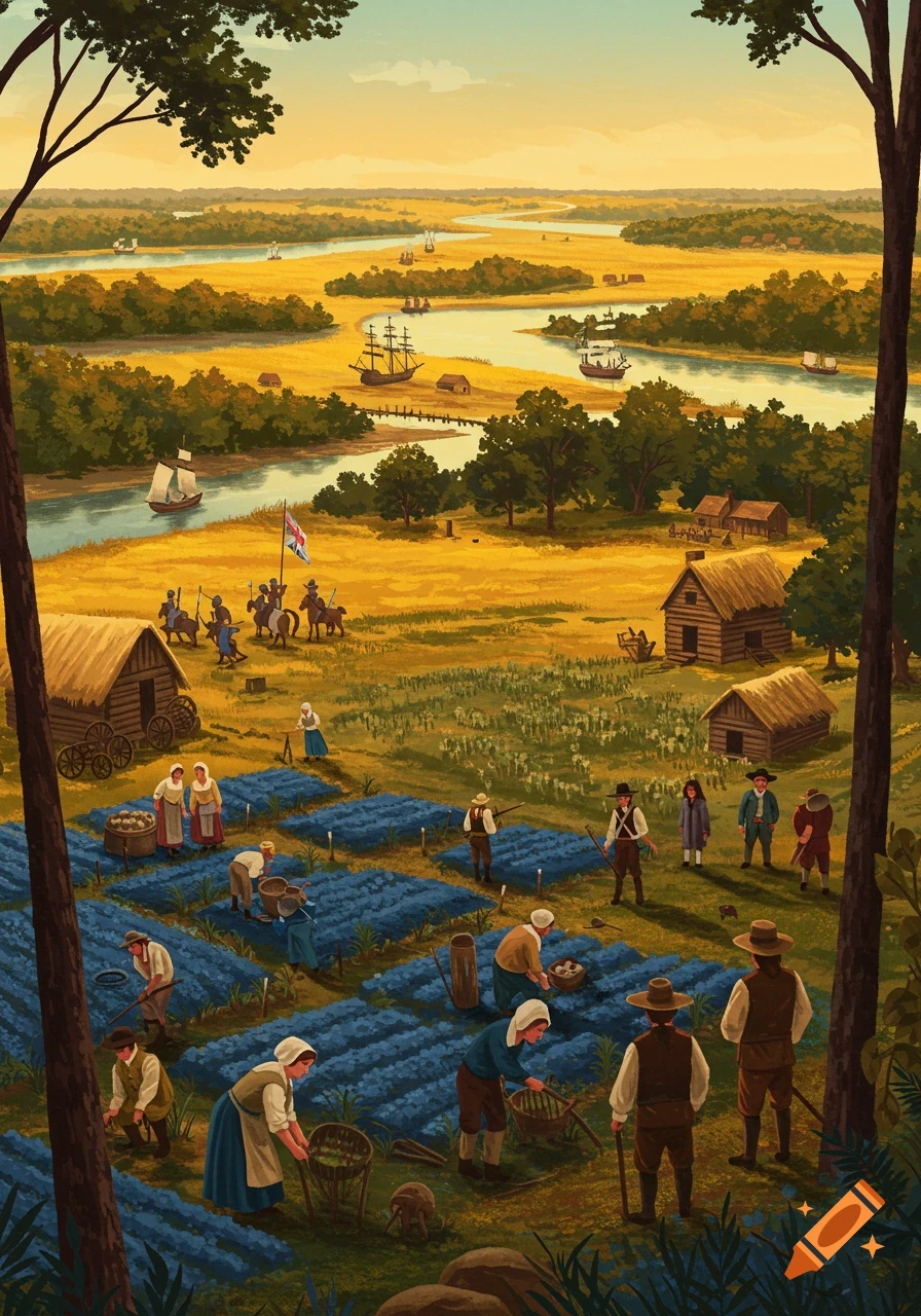 Illustrated colonial settlement with people farming blue crops, log cabins, and ships on a winding river under a golden sky.