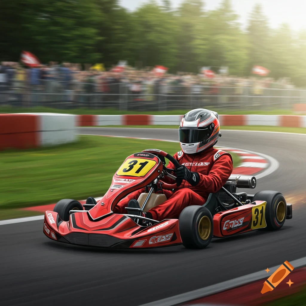 A driver in a red suit and helmet races a red go-kart with number 31 on a track with blurred spectators, photorealistic.