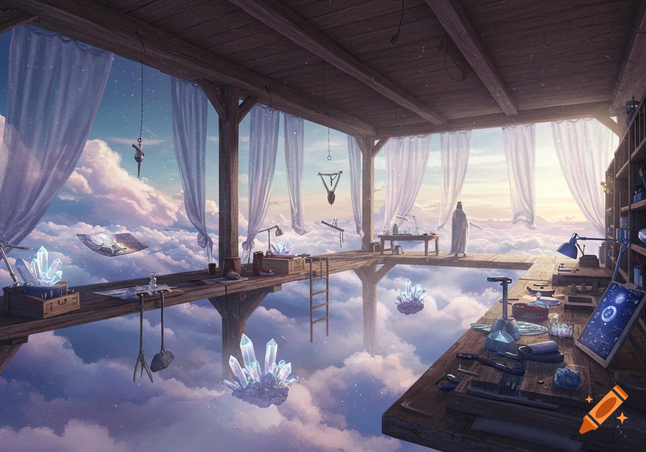 An ethereal workshop in the clouds with wooden platforms, flowing white curtains, glowing crystals, and a robed figure gazing at a sunset.