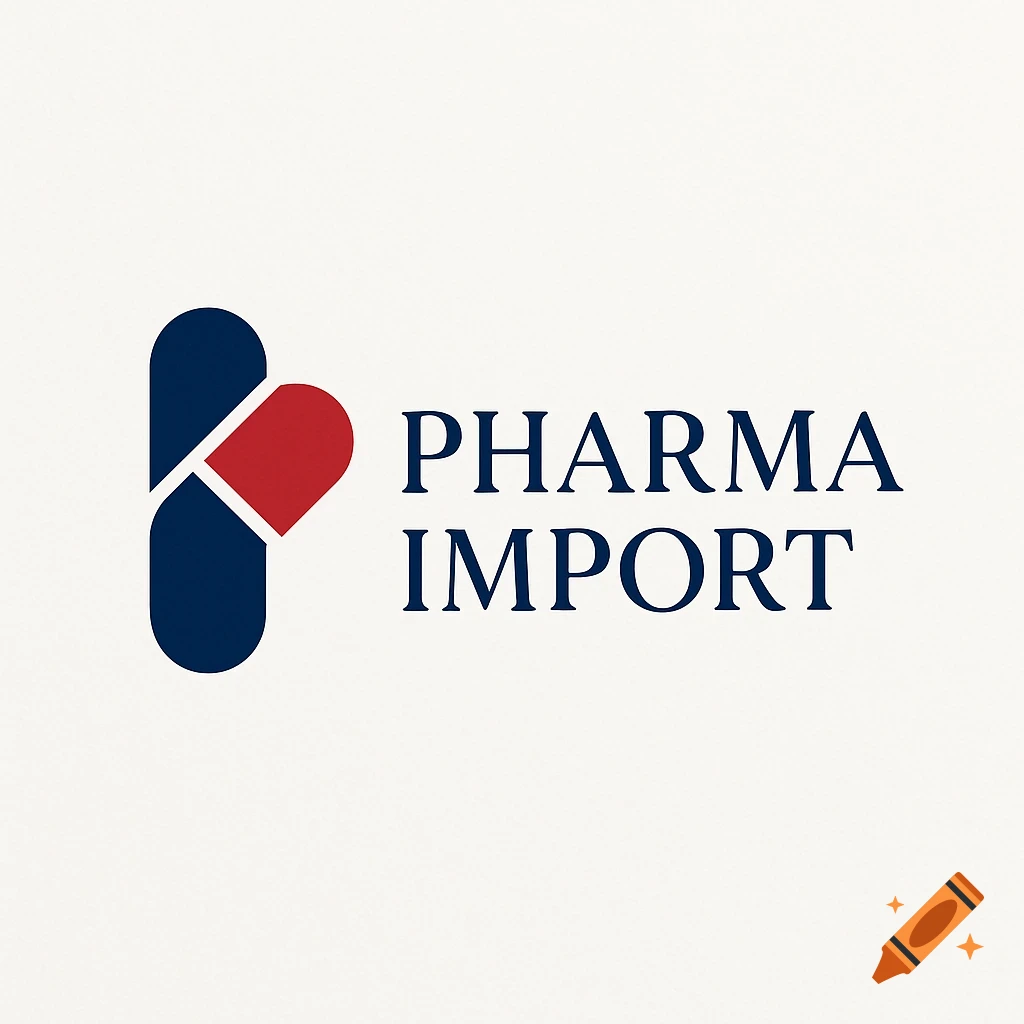 A logo for Pharma Import featuring a stylized blue and red pill icon next to the blue text "PHARMA IMPORT".
