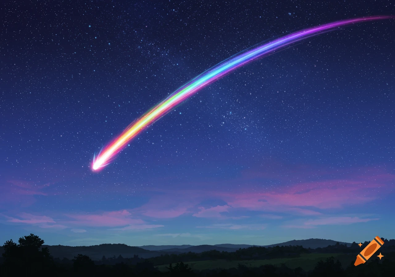 A vibrant rainbow shooting star streaks across a dark, star-filled night sky above a silhouetted landscape with hills and trees.