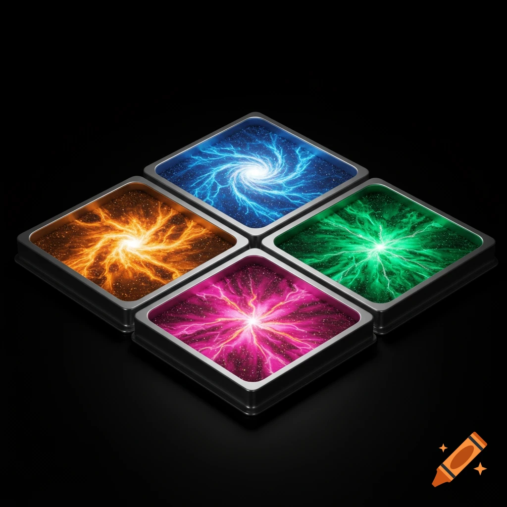 Four glowing square panels in a geometric arrangement, displaying vibrant blue, orange, green, and pink abstract energy patterns on black.