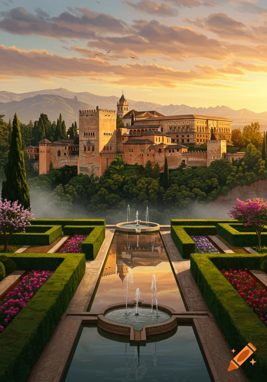 The Alhambra palace and fort complex viewed from terraced gardens with reflecting pools and fountains at sunset.